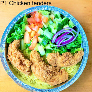 Chicken tenders served with rice and salad