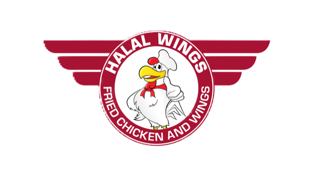 Halal Wings logo with chicken mascot and winged red badge