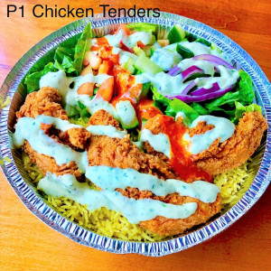 Sauced chicken tenders served with rice and salad